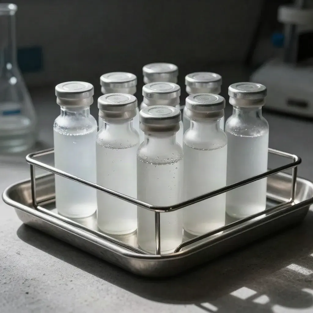 Lab sample vials and a metal rack on pale stone, lit dramatically with faint vapor.