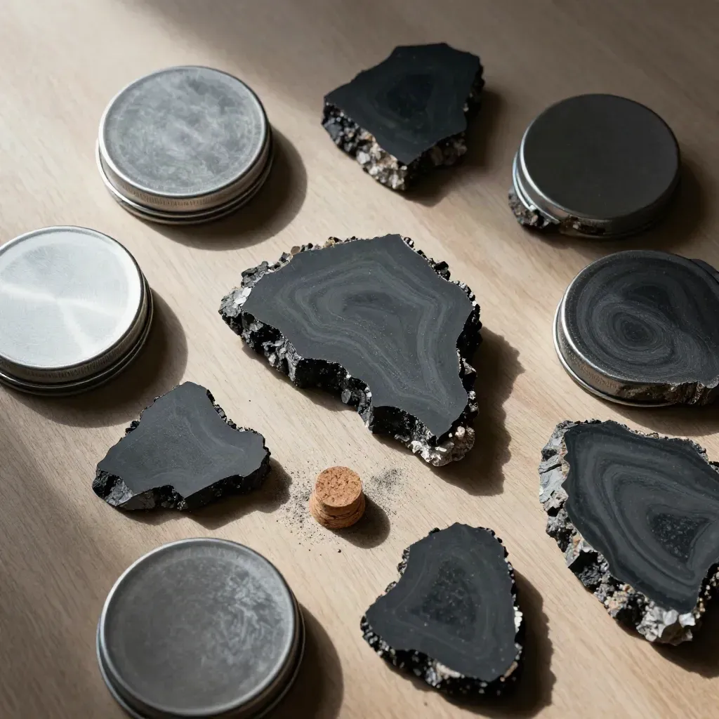 Basalt slices, metal tins, and cork spacers arranged on pale wood under soft light.