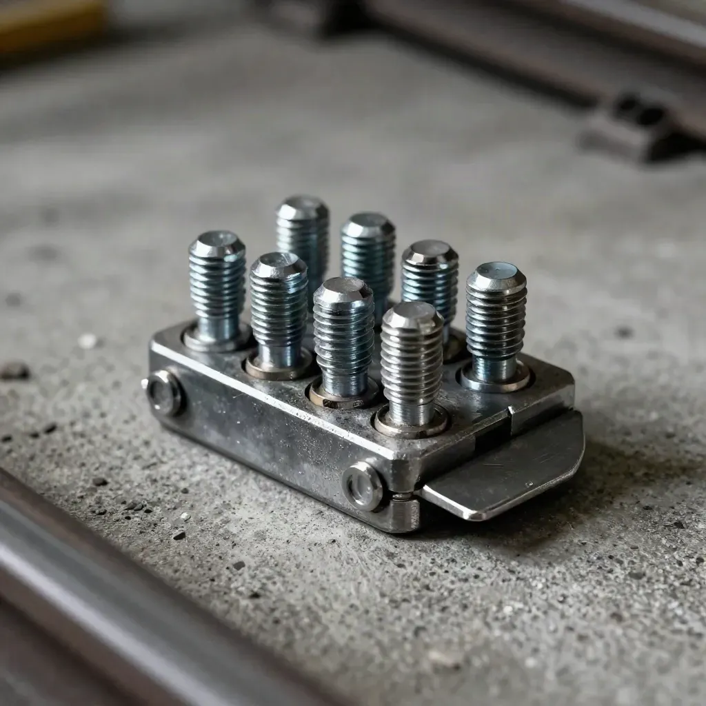Top-down macro of rail maintenance hardware on brushed concrete, cool slate tones and dust.