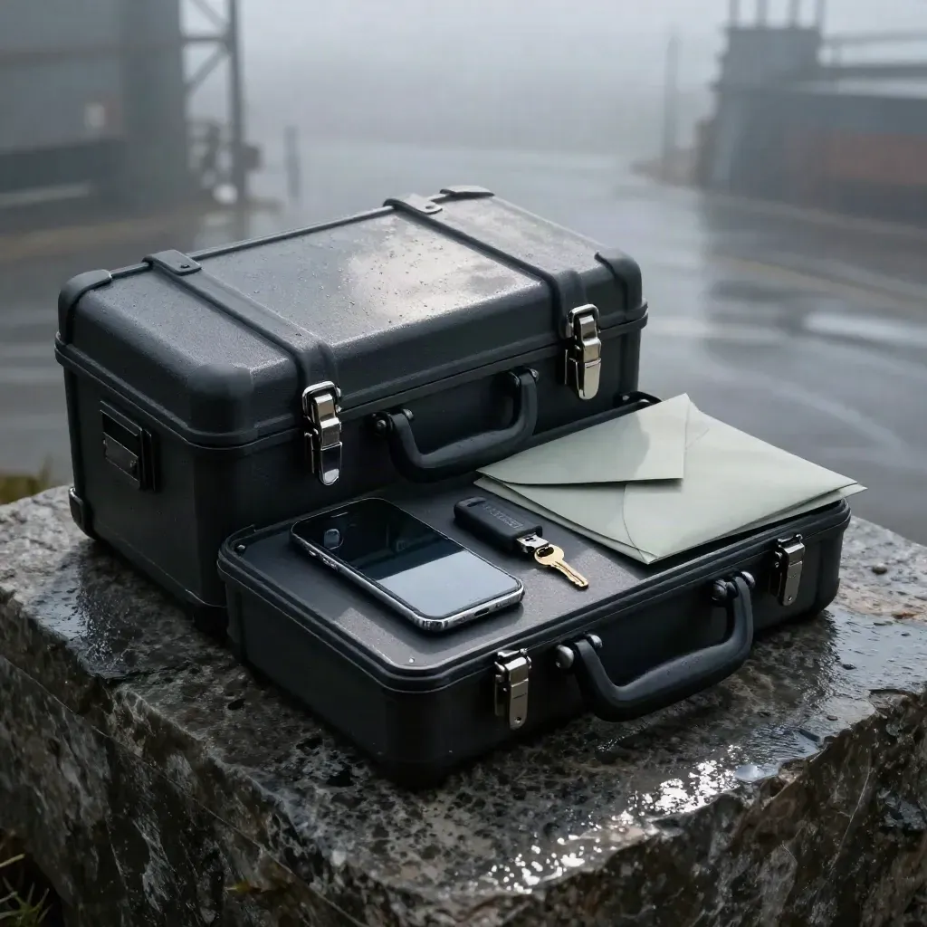 OSINT kit on rain-dark stone at dawn: archive case, face-down phone, USB drive, key ring, envelopes.