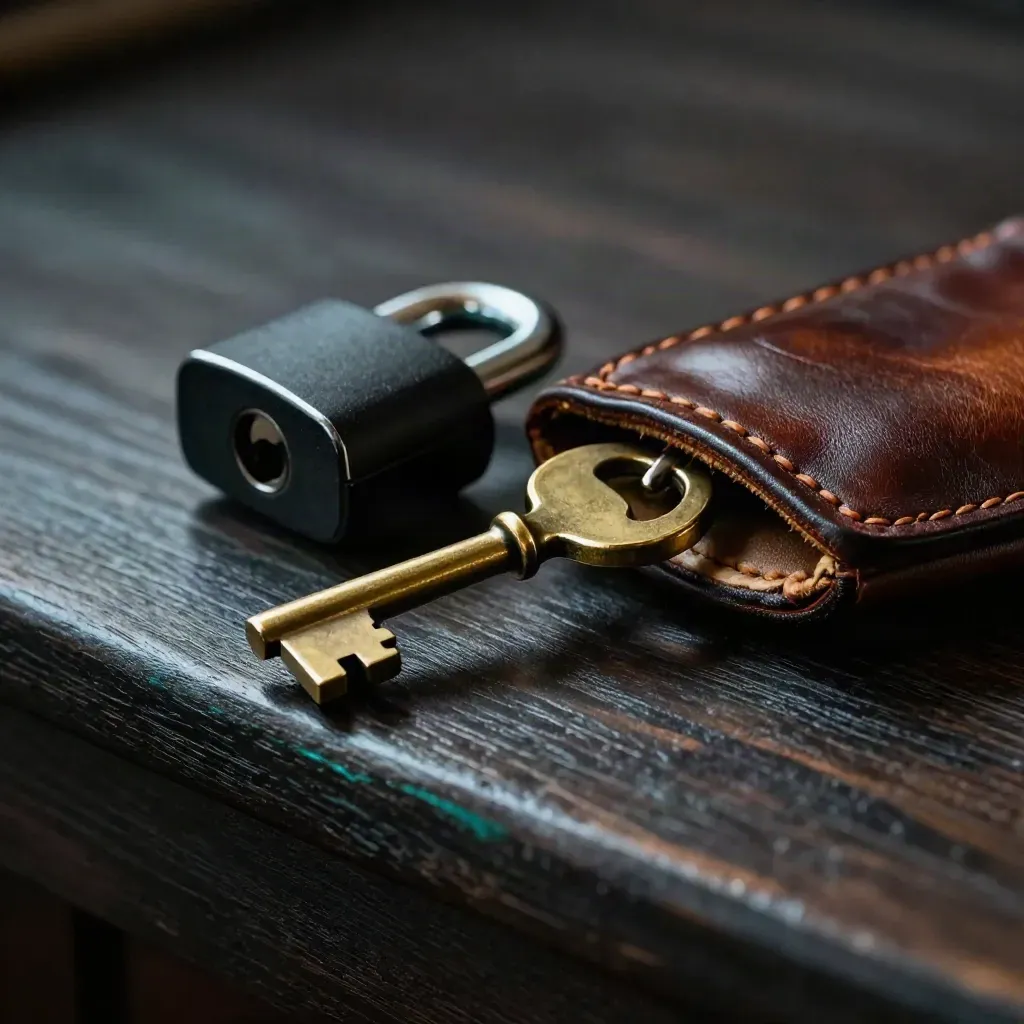 Brass vault key, black lock cylinder, and leather sleeve on dark wood in dramatic side light.