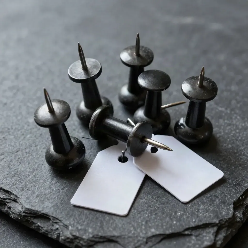 Macro cluster of linked pushpins, steel wire loop and blank evidence tabs on graphite stone.
