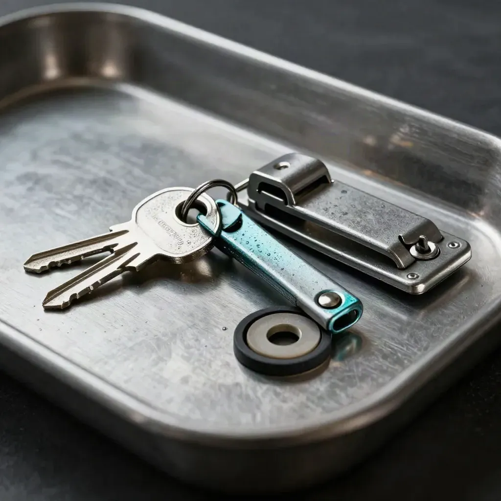Weatherproof key ring, gate latch pin and access clip on brushed metal with teal accent