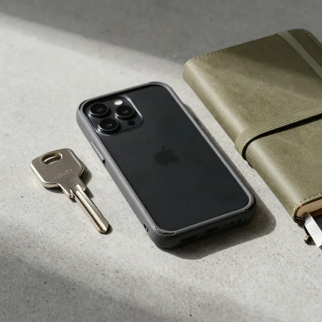 Flatlay of a phone, hardware key, and notebook on pale concrete in soft daylight.