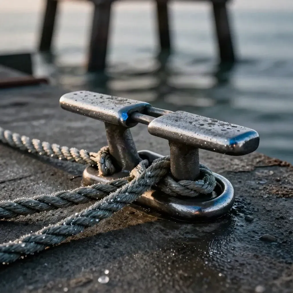 Dock cleat, shackle, and taut rope coil on damp concrete in salt mist.