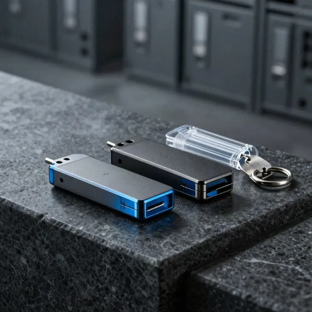 Encrypted thumb drives beside a tamper seal and ring tag on dark stone with cold vapor.