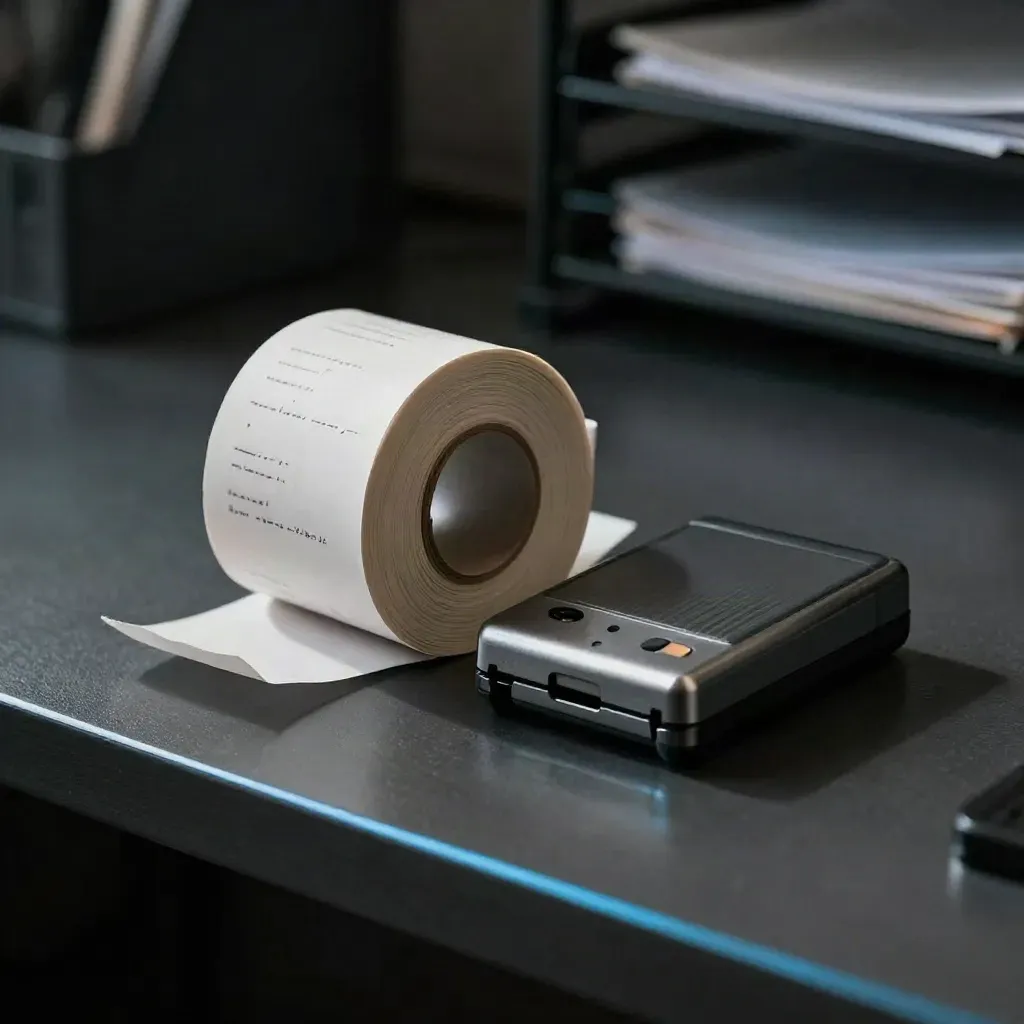 Fraud-check kit with receipt roll, tamper seals and card reader behind a blurred filing rack