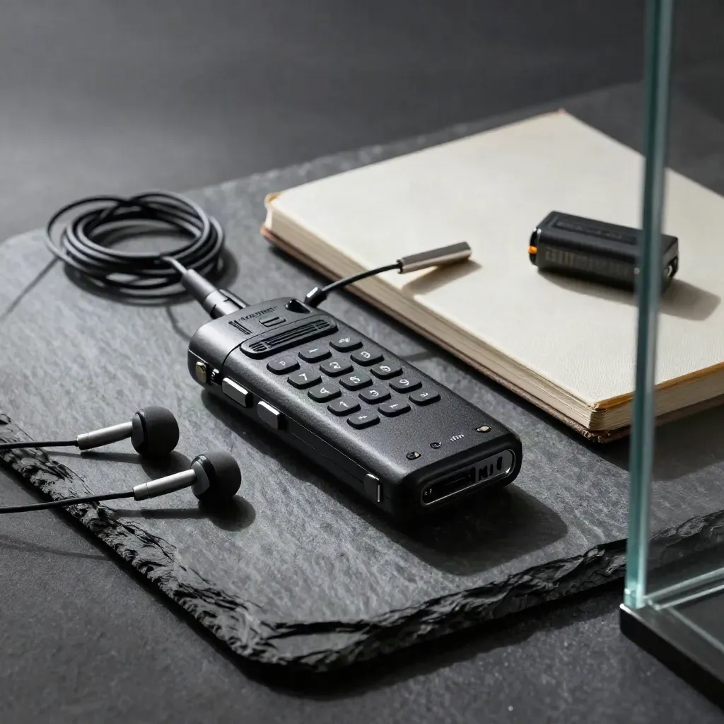 Journalist’s audio recorder, earbuds, and closed notebook on a dark stone surface through glass.