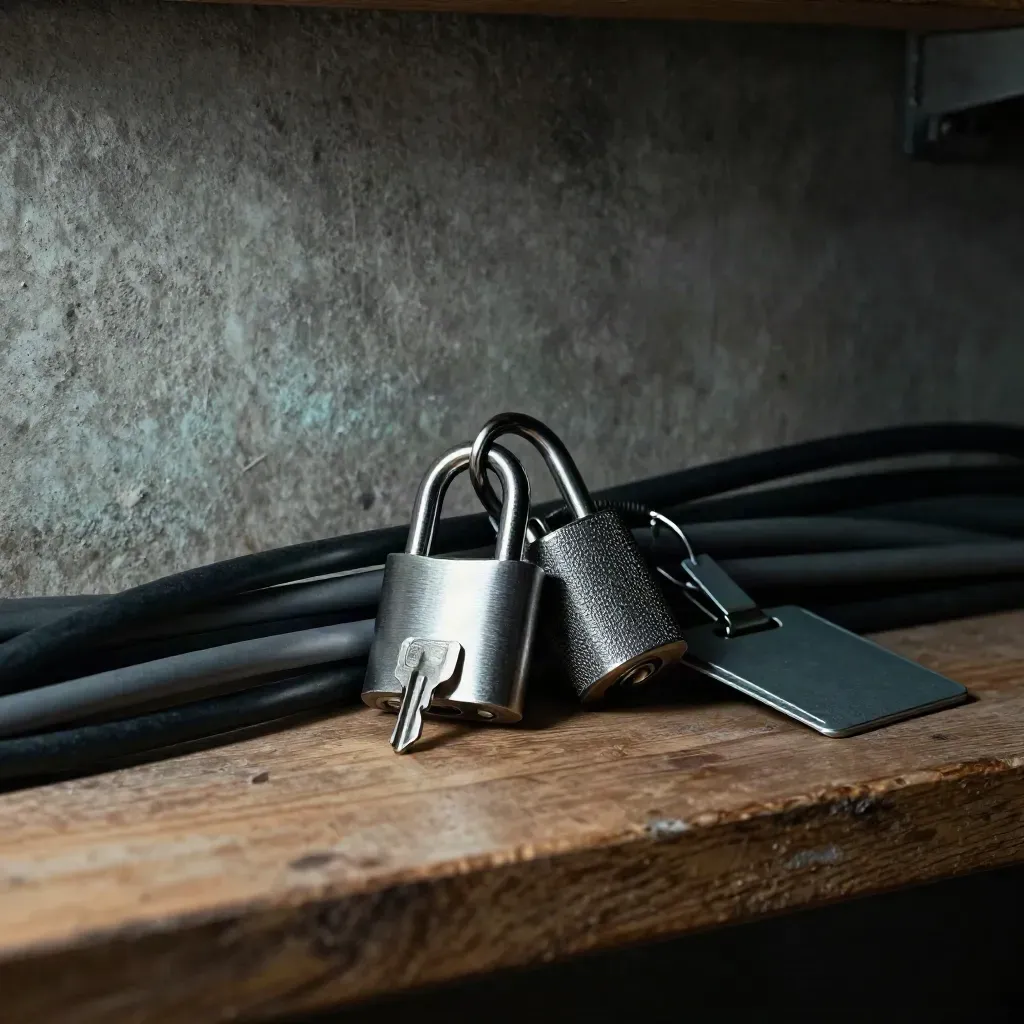 Security access tools on a honey-oak shelf, seen through blurred cables.