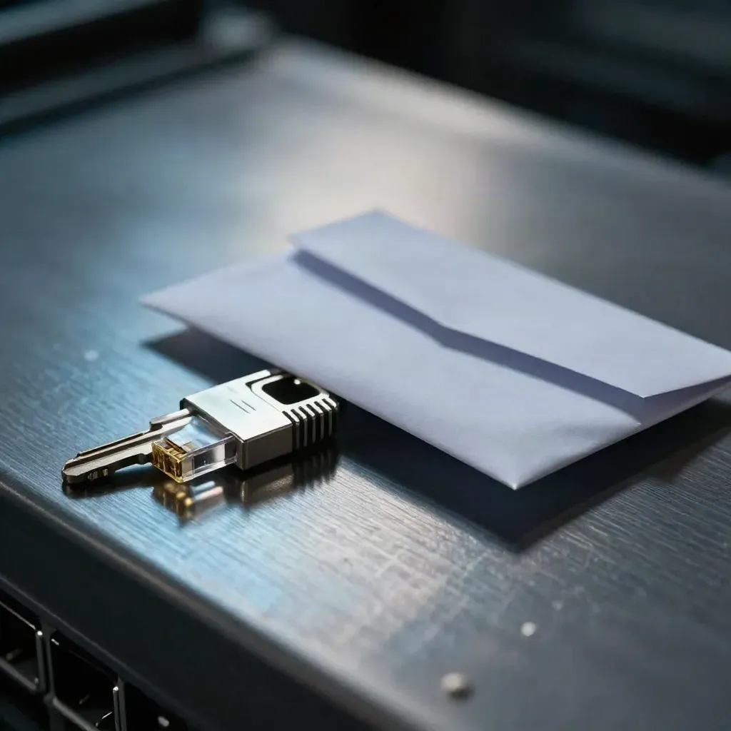 Macro still life of a server key, ethernet plug, and sealed maintenance envelope on brushed metal.