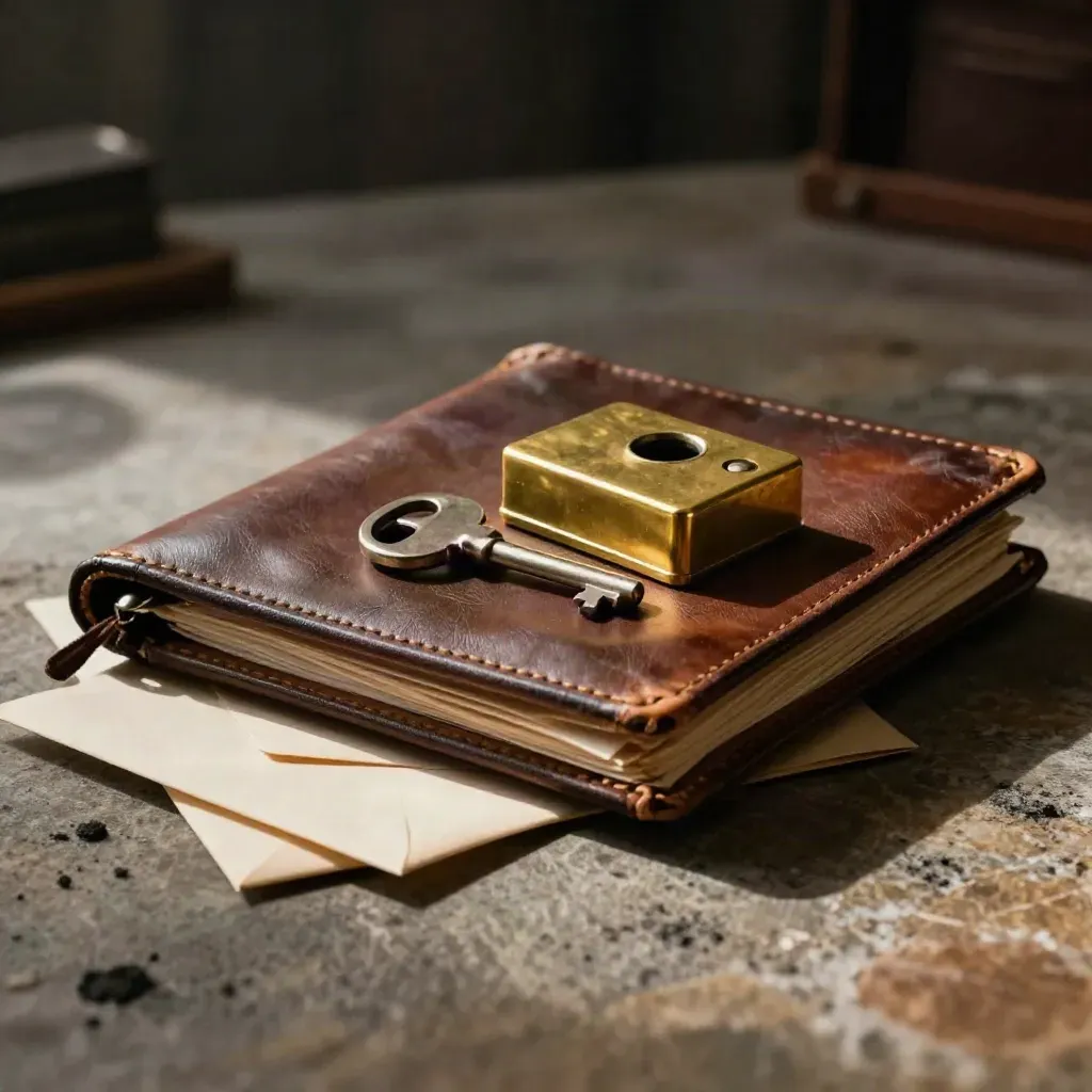 Leather folio, brass paperweight, and sealed envelope on warm stone under dramatic light.