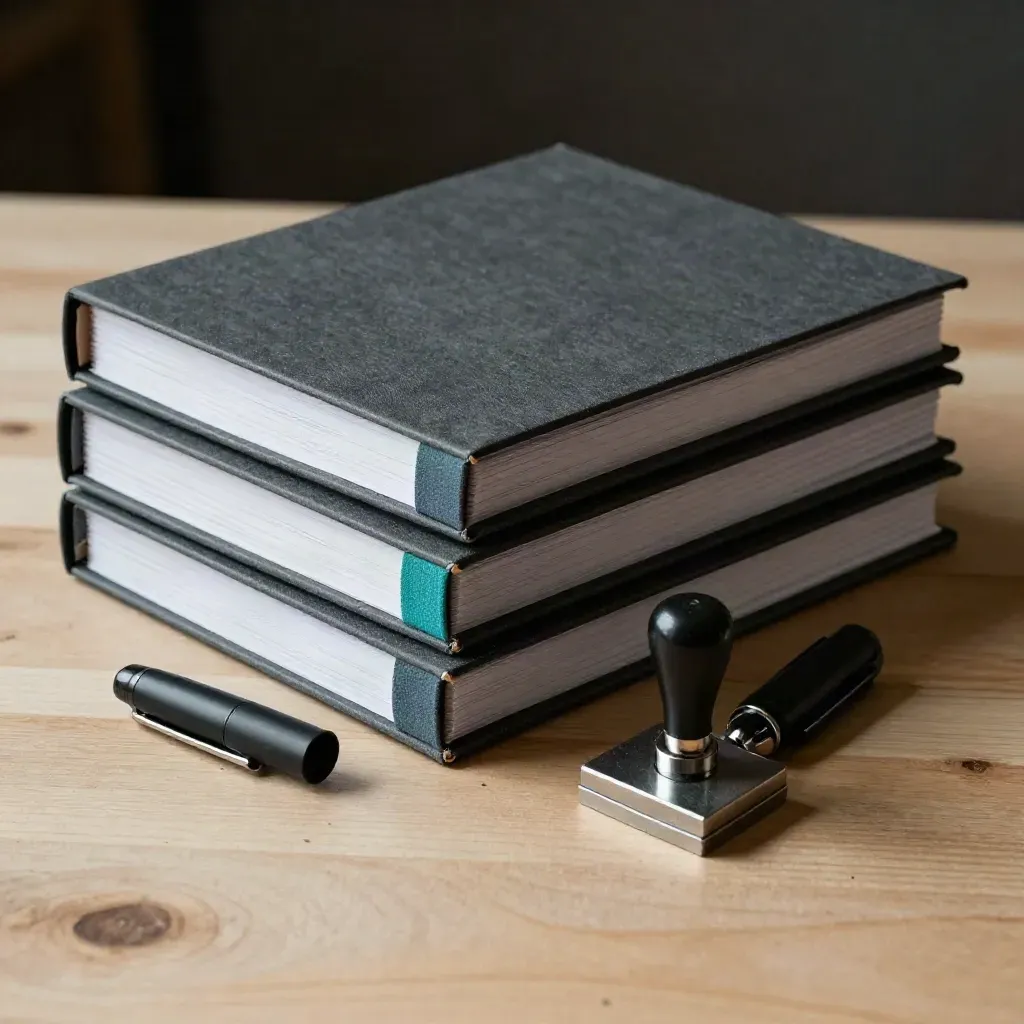Three closed training binders, two pen caps, and a metal stamp pad on pale wood.