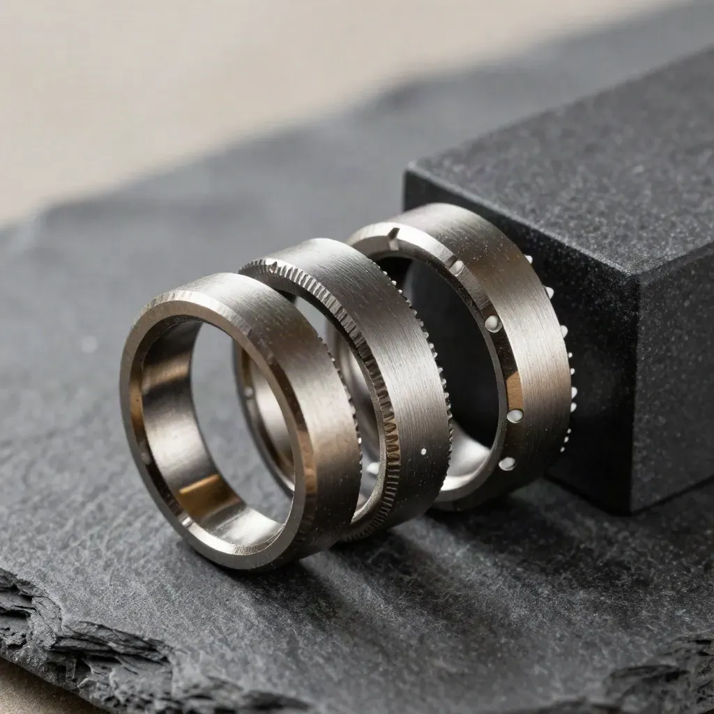 Macro still life of linked machined rings, connector, and modular block on dark graphite stone.