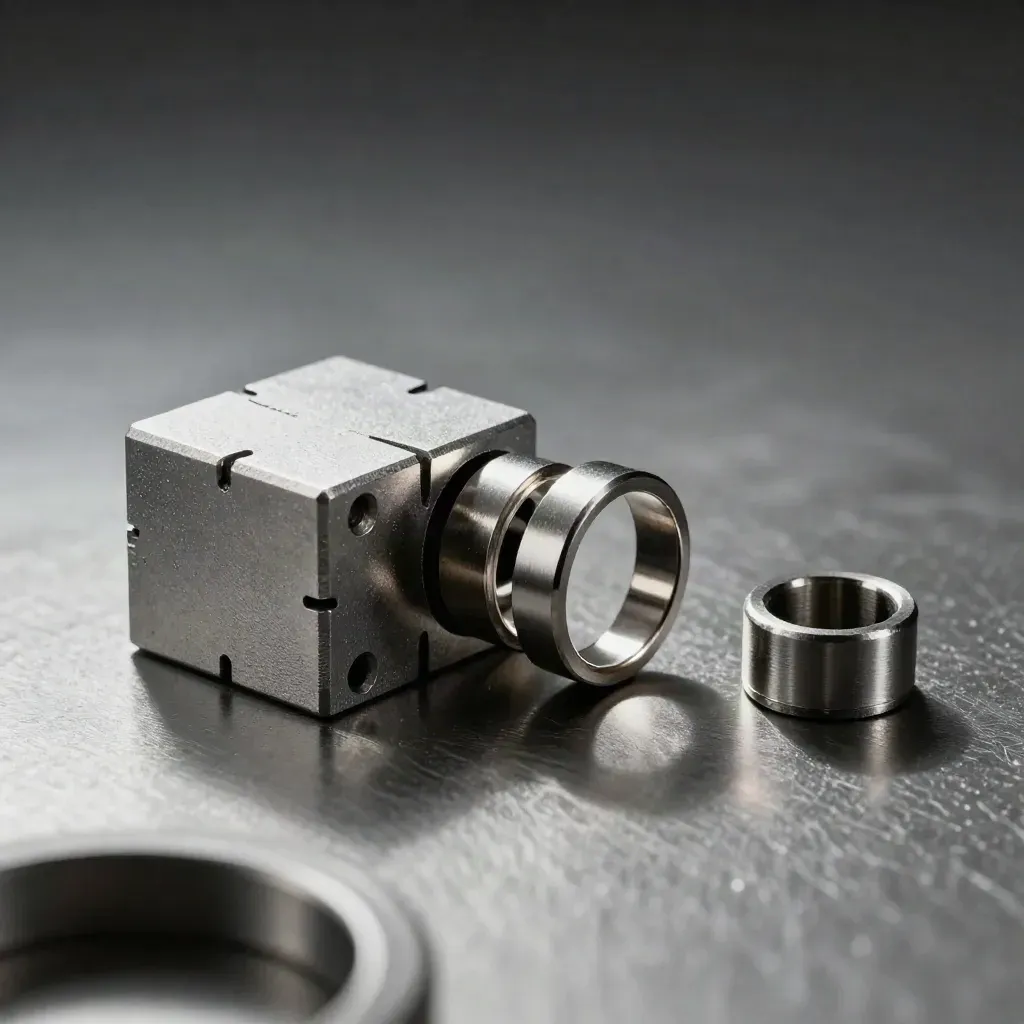 Aluminum blocks and a split ring coupler on brushed metal under dramatic light.