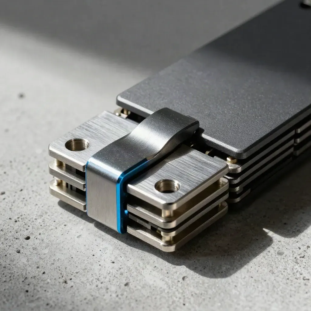 Extreme macro of stacked metal plates, a bridge clamp and spacers on pale concrete