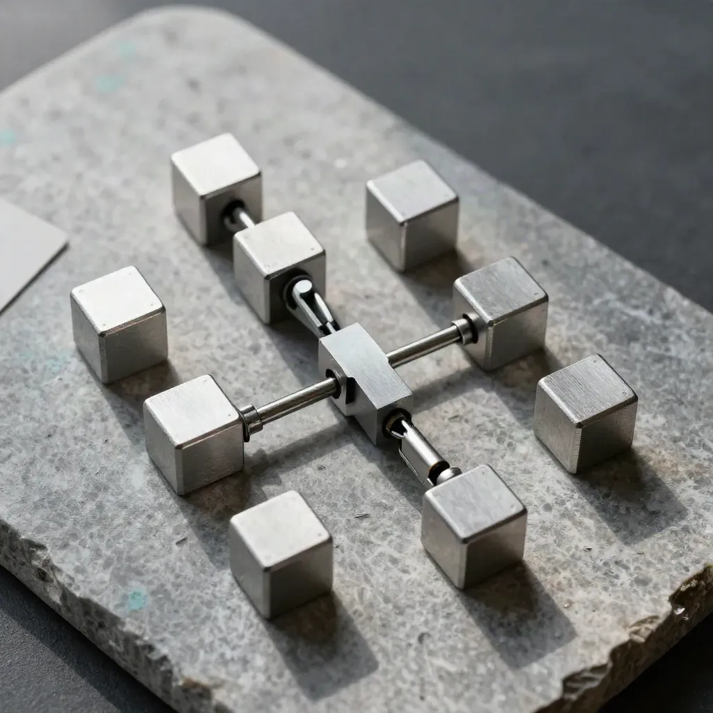 Top-down metal connector still life with aluminum cubes, spacer blocks, and teal accent on pale stone.