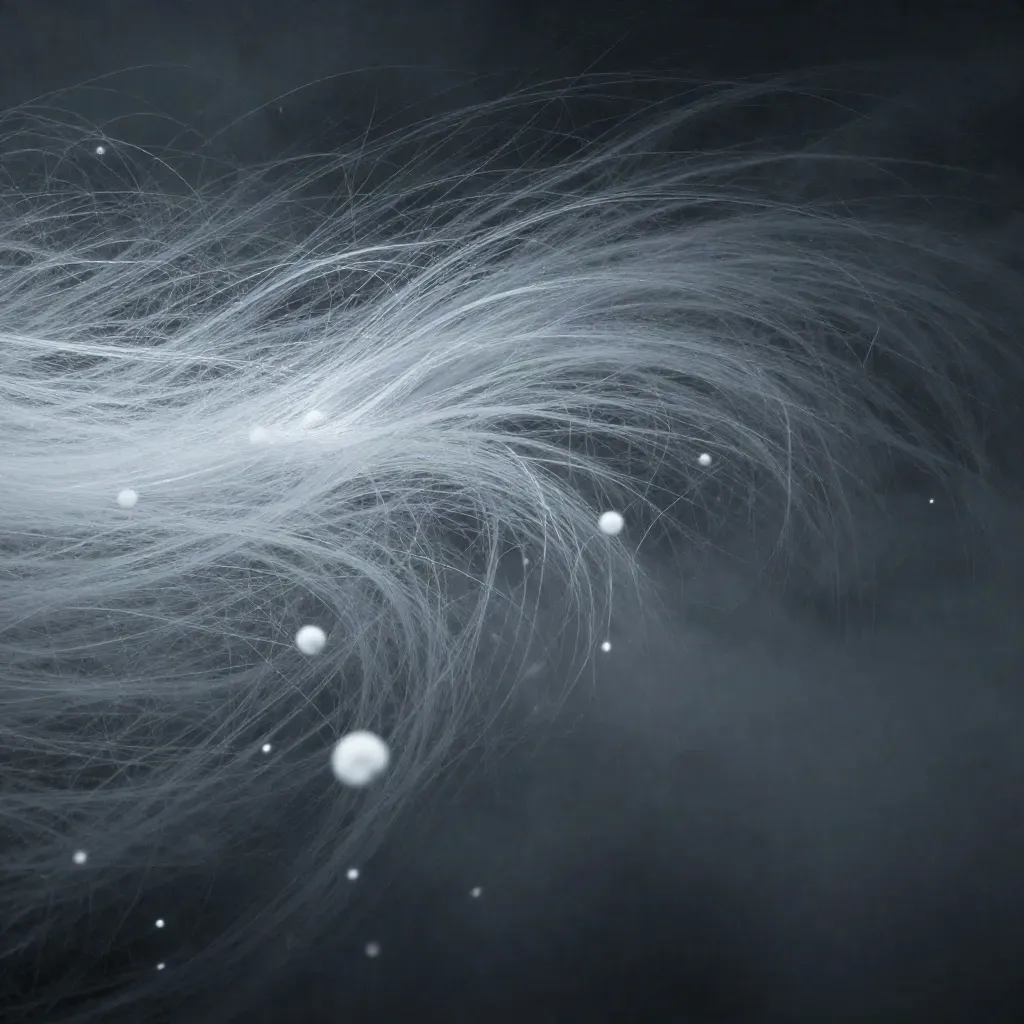 Silver filaments converging into a soft white bloom in dark graphite haze.